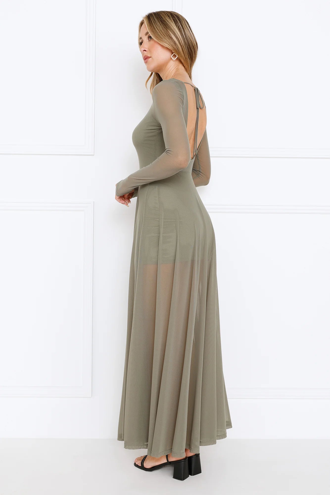 Champagne Streams Mesh Maxi Dress Olive