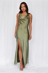 The Loretta Cowl Satin Maxi Dress Olive