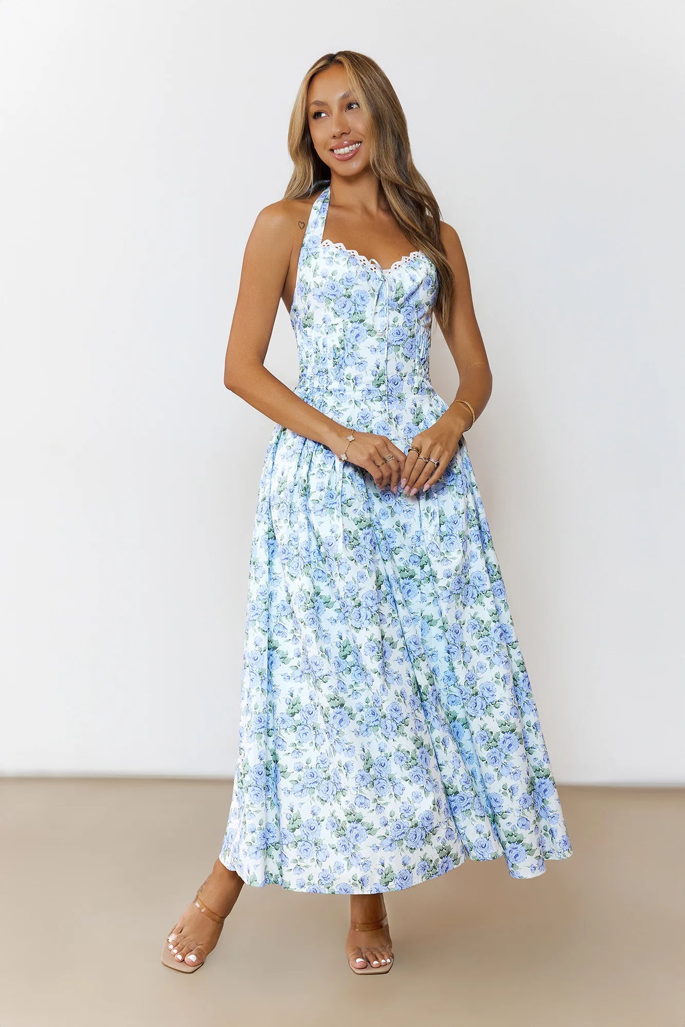 Cottage Song Halter Midi Dress Blue