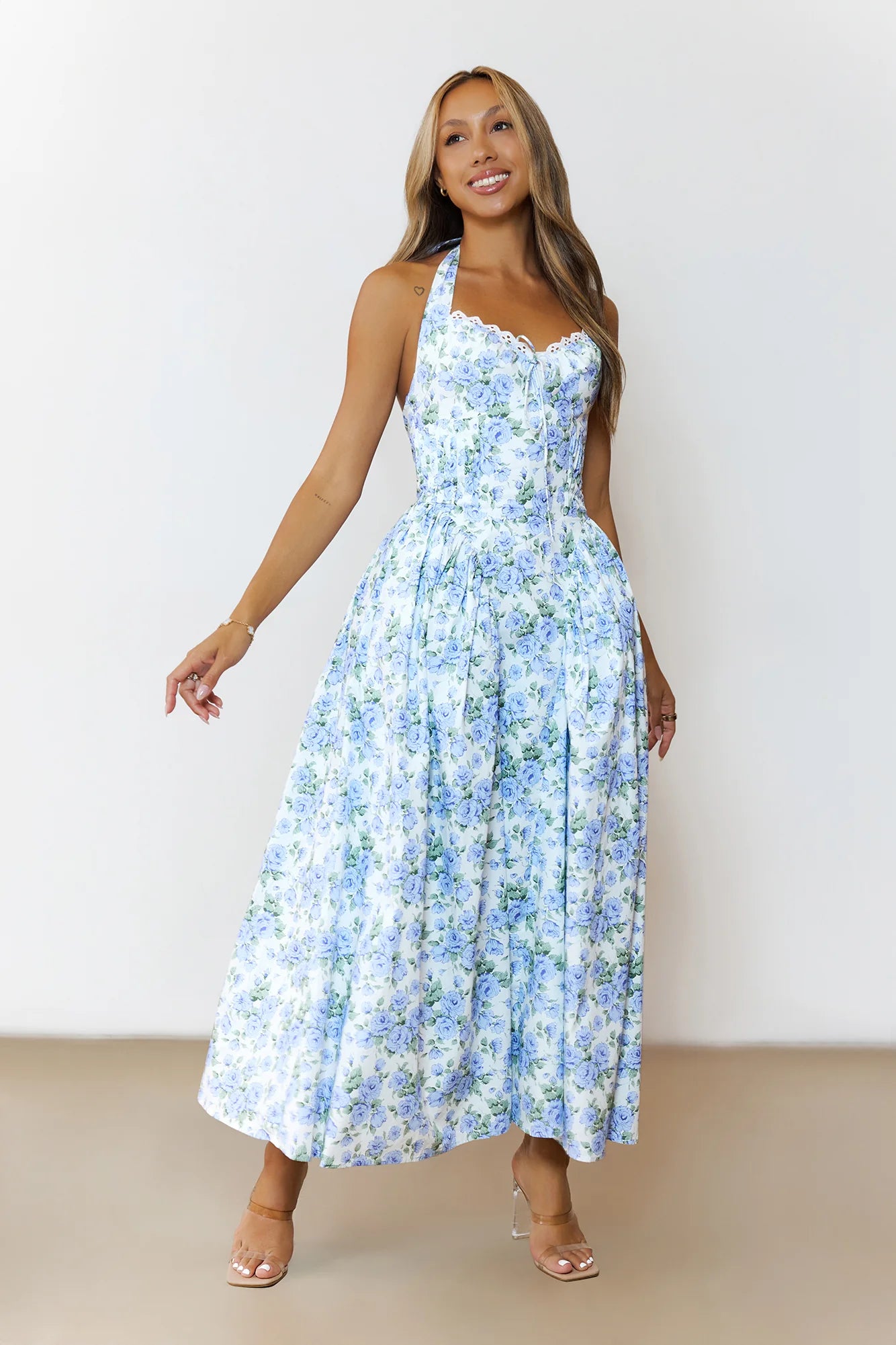 Cottage Song Halter Midi Dress Blue