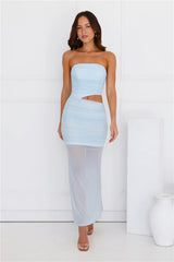 Cosmopolitan Charm Strapless Mesh Maxi Dress Blue
