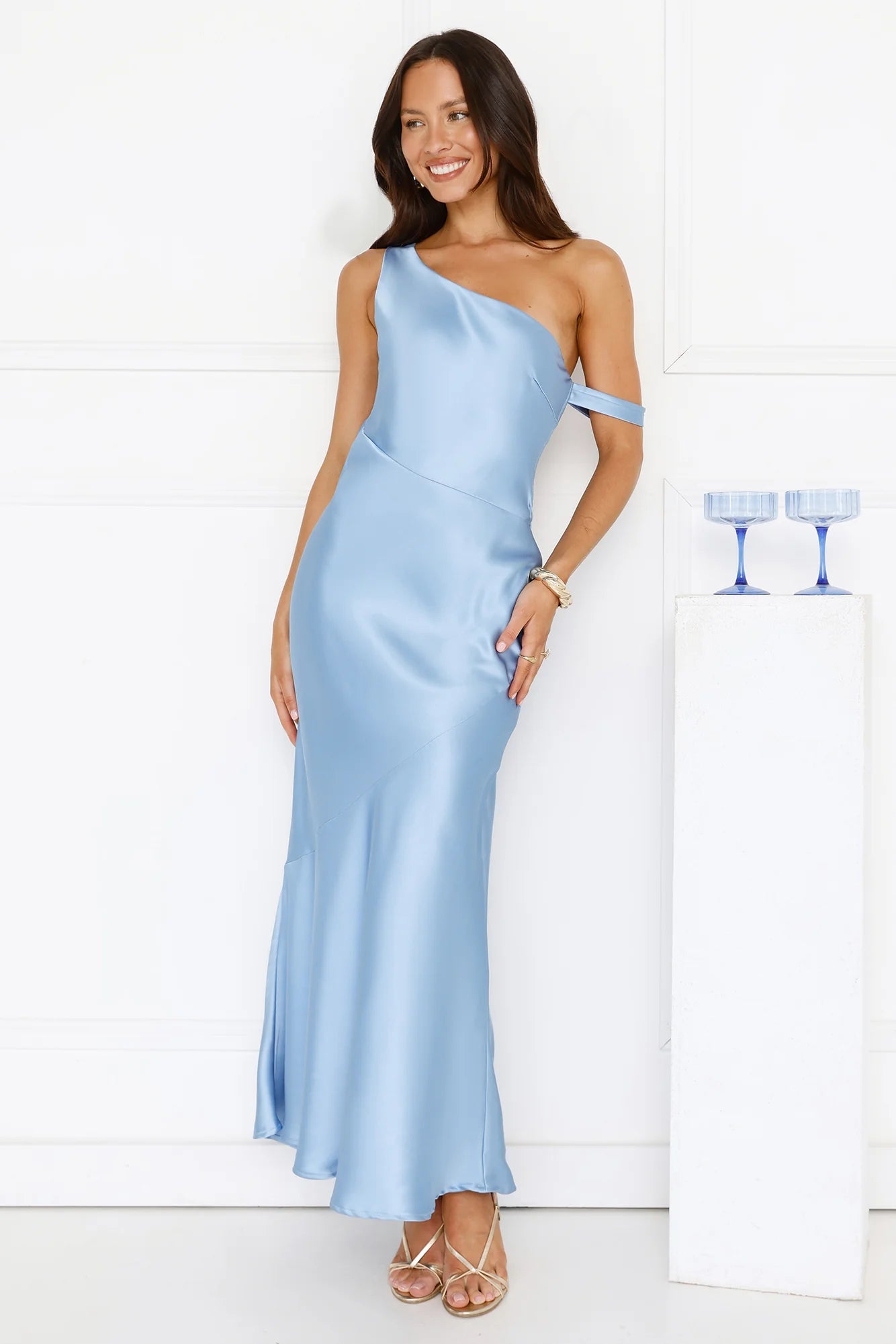 Glimmering Sky Satin Maxi Dress Blue