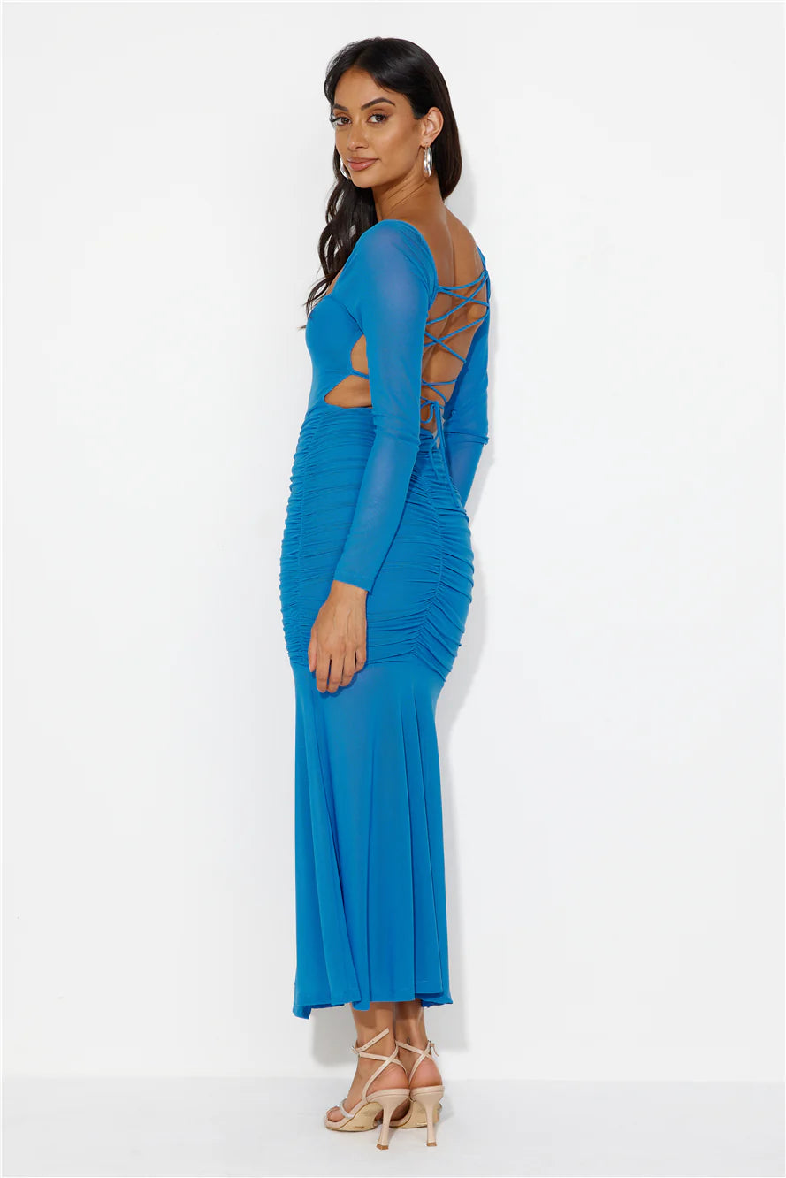 Grand Gesture Long Sleeve Mesh Maxi Dress Blue