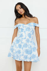 Dewy Blossom Off Shoulder Mini Dress Blue