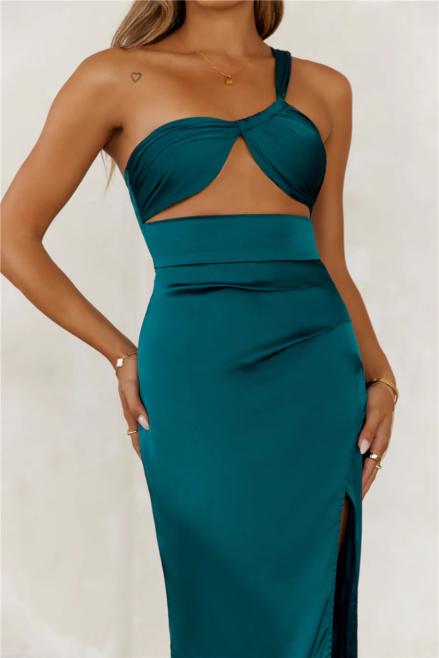 Celebrations Under Stars Satin One Shoulder Maxi Dress Forest Green