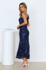 Glossy Girl One Shoulder Mesh Maxi Dress Navy