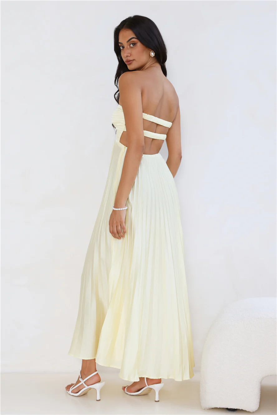 Clouds Of Love Strapless Pleated Maxi Dress Lemon