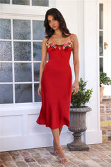 Blooming Relationship Satin Midi Dress Red