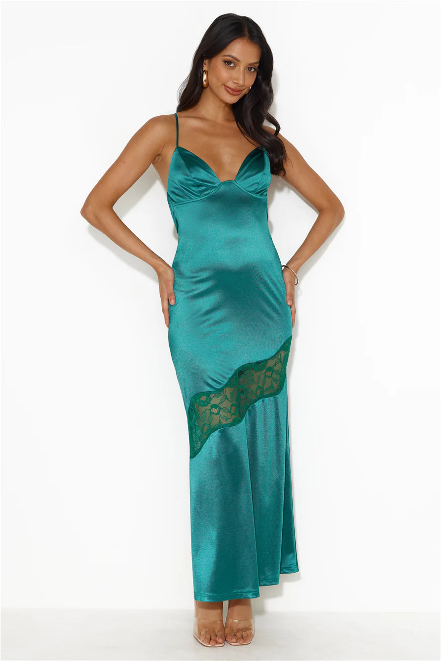 Formal Retreat Satin Maxi Dress Forest Green