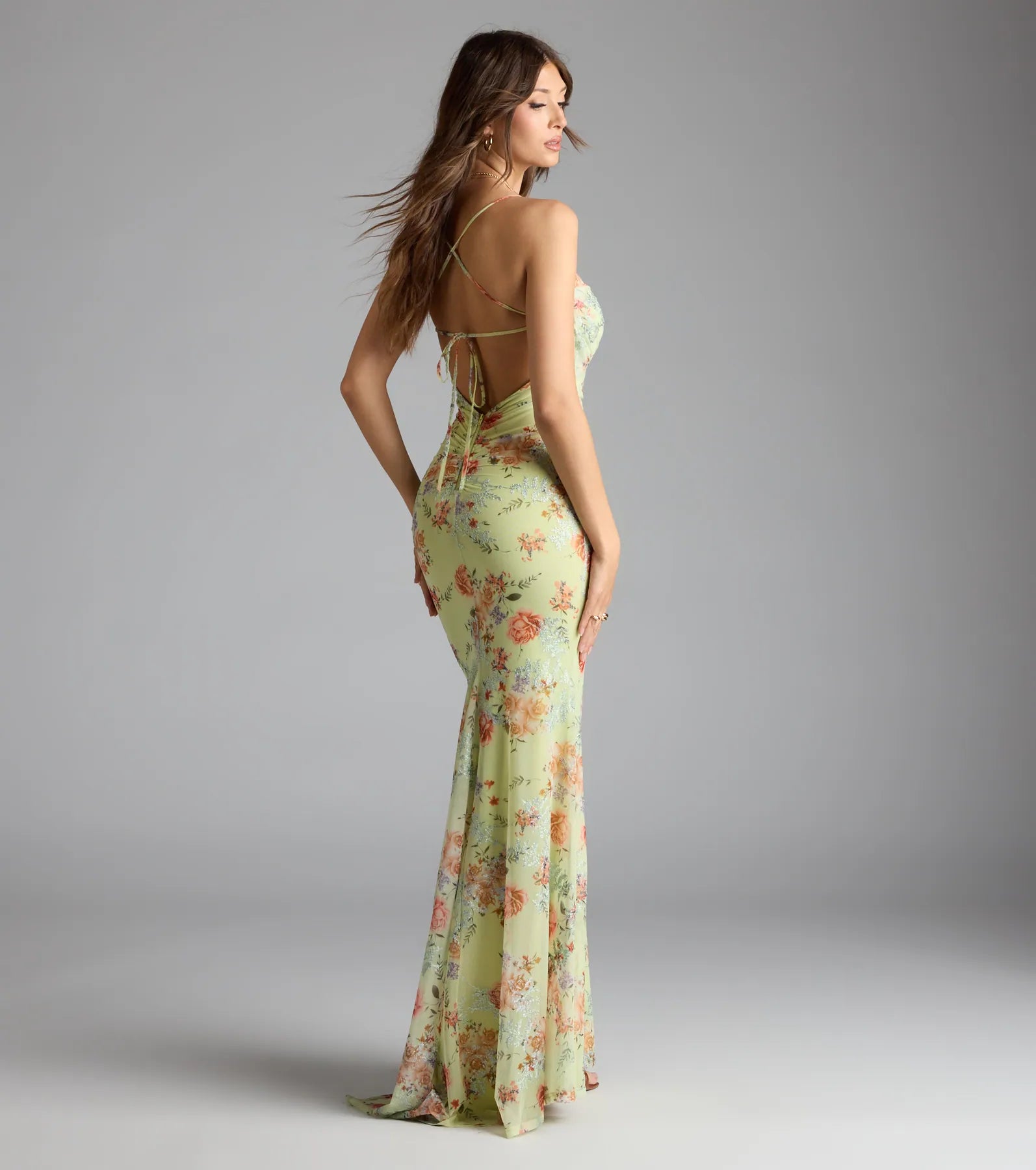Rosalee Lace-Up Floral Mesh Formal Dress