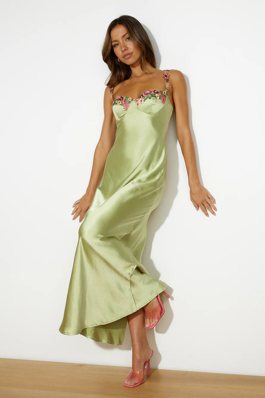 Flower Chains Satin Maxi Dress Green