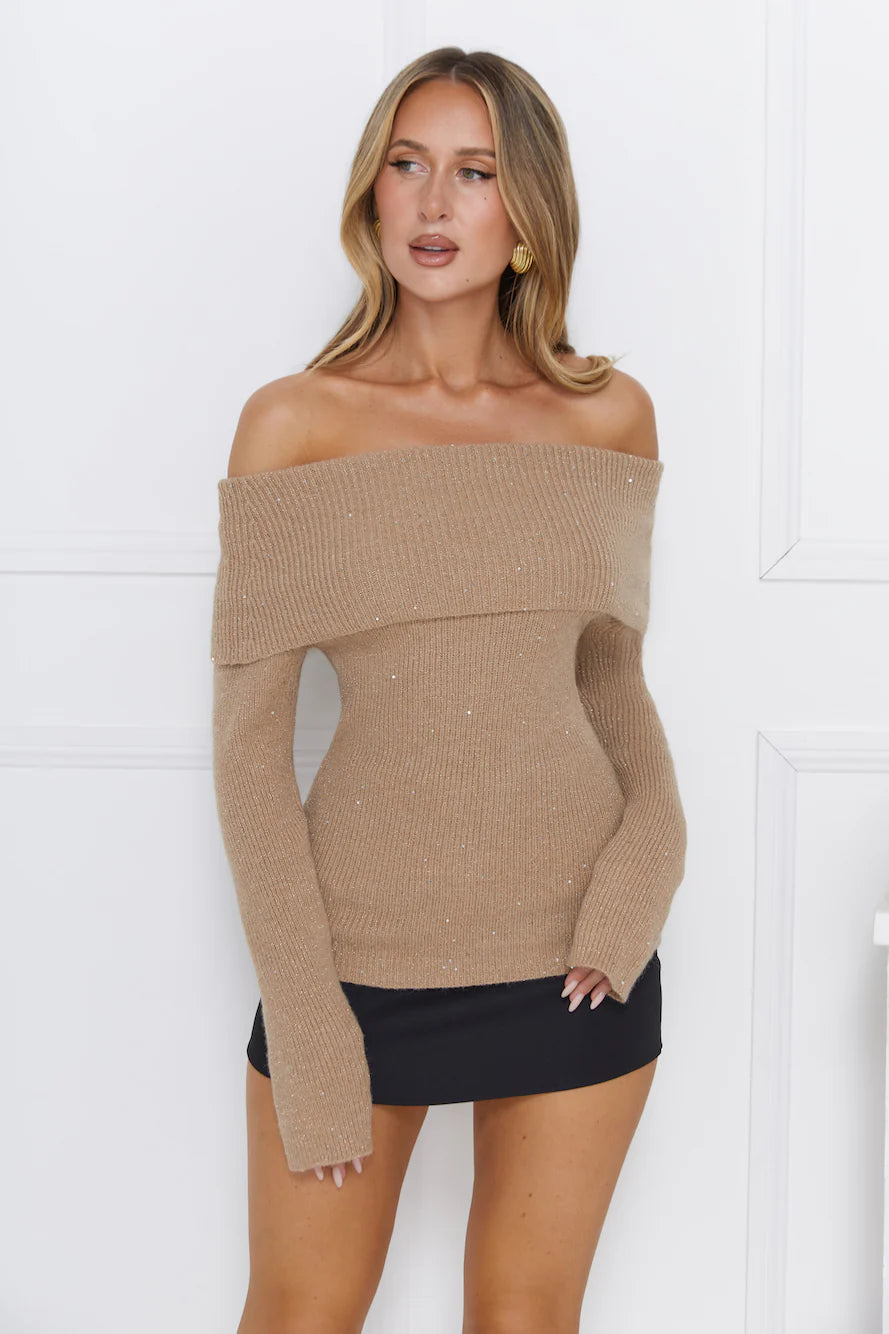 Fresh Spark Off Shoulder Sequin Long Sleeve Top Camel