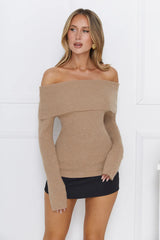 Fresh Spark Off Shoulder Sequin Long Sleeve Top Camel