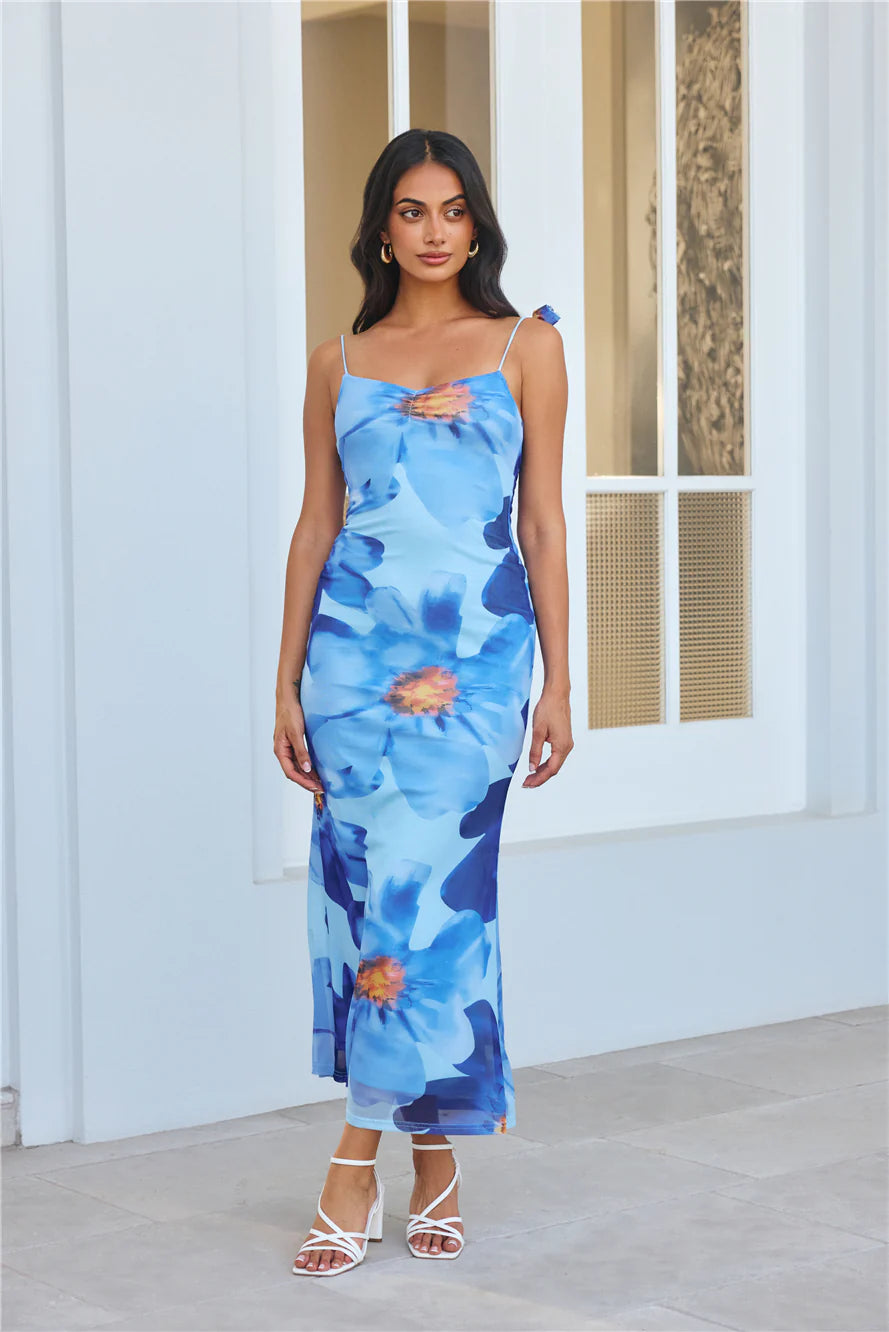 Girl Vibes Mesh Maxi Dress Blue