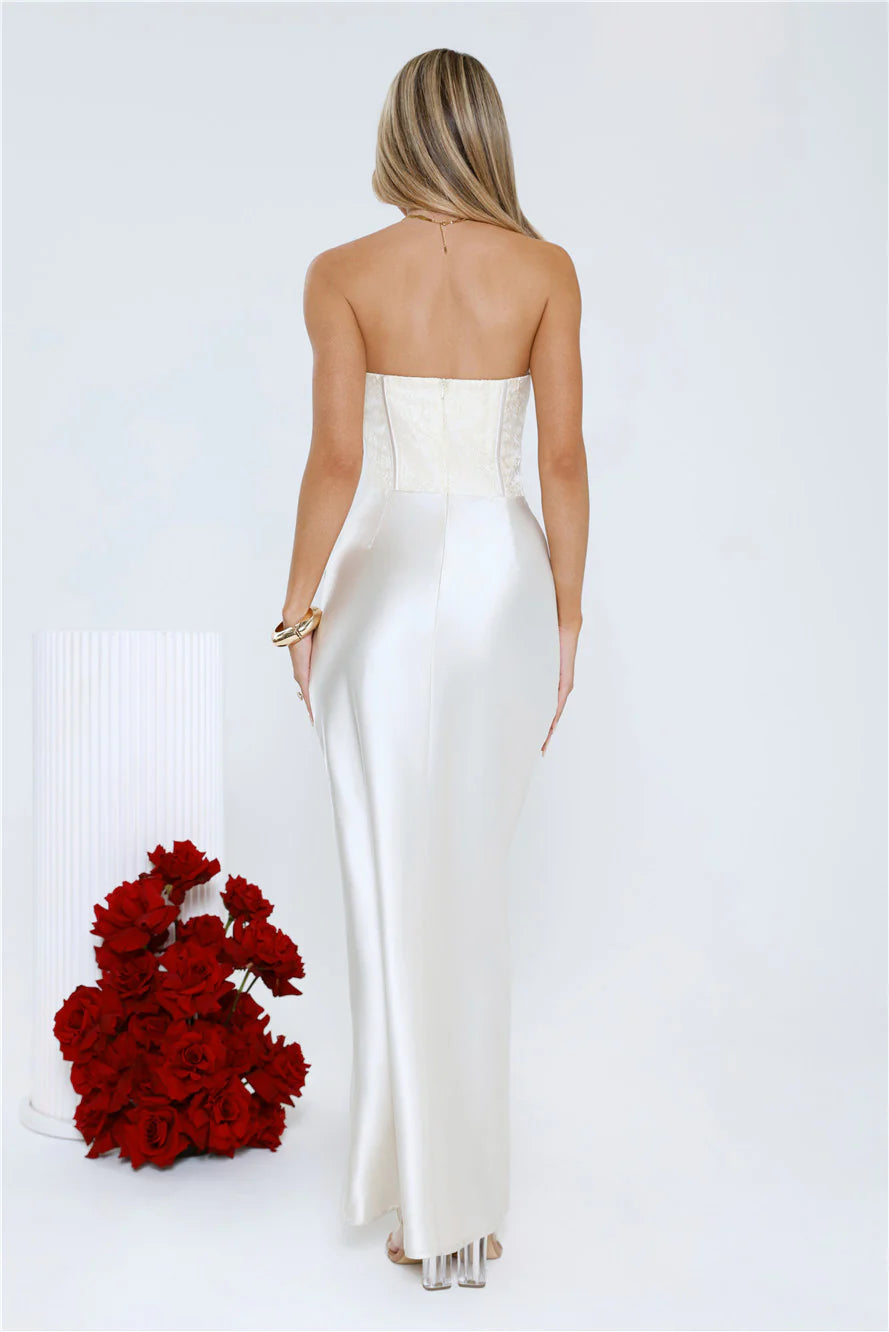 Dressed To Dazzle Strapless Satin Maxi Dress Ivory