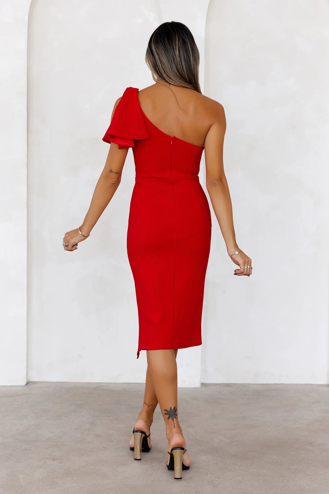 Event Season Ready One Shoulder Midi Dress Red