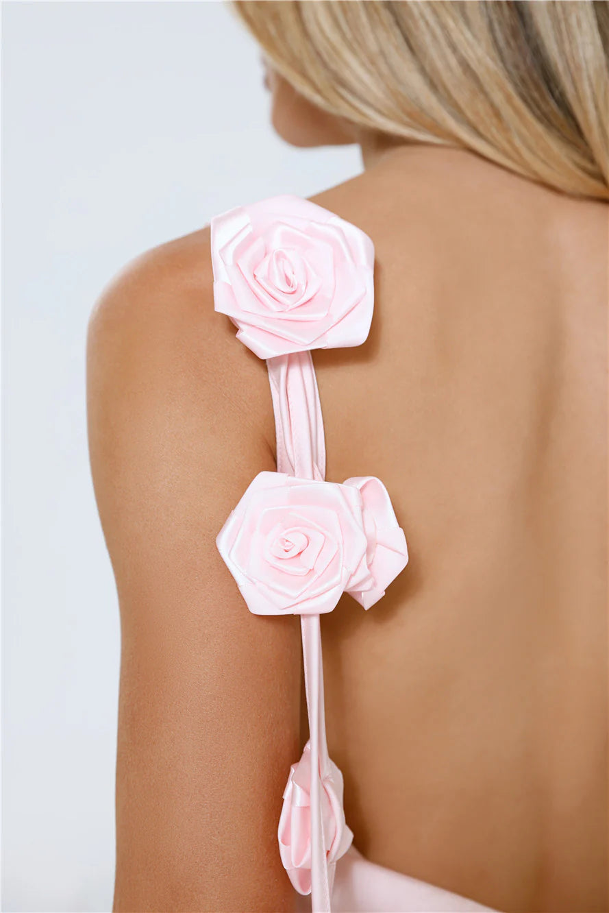 Whimsical Roses Satin Mini Dress Pink