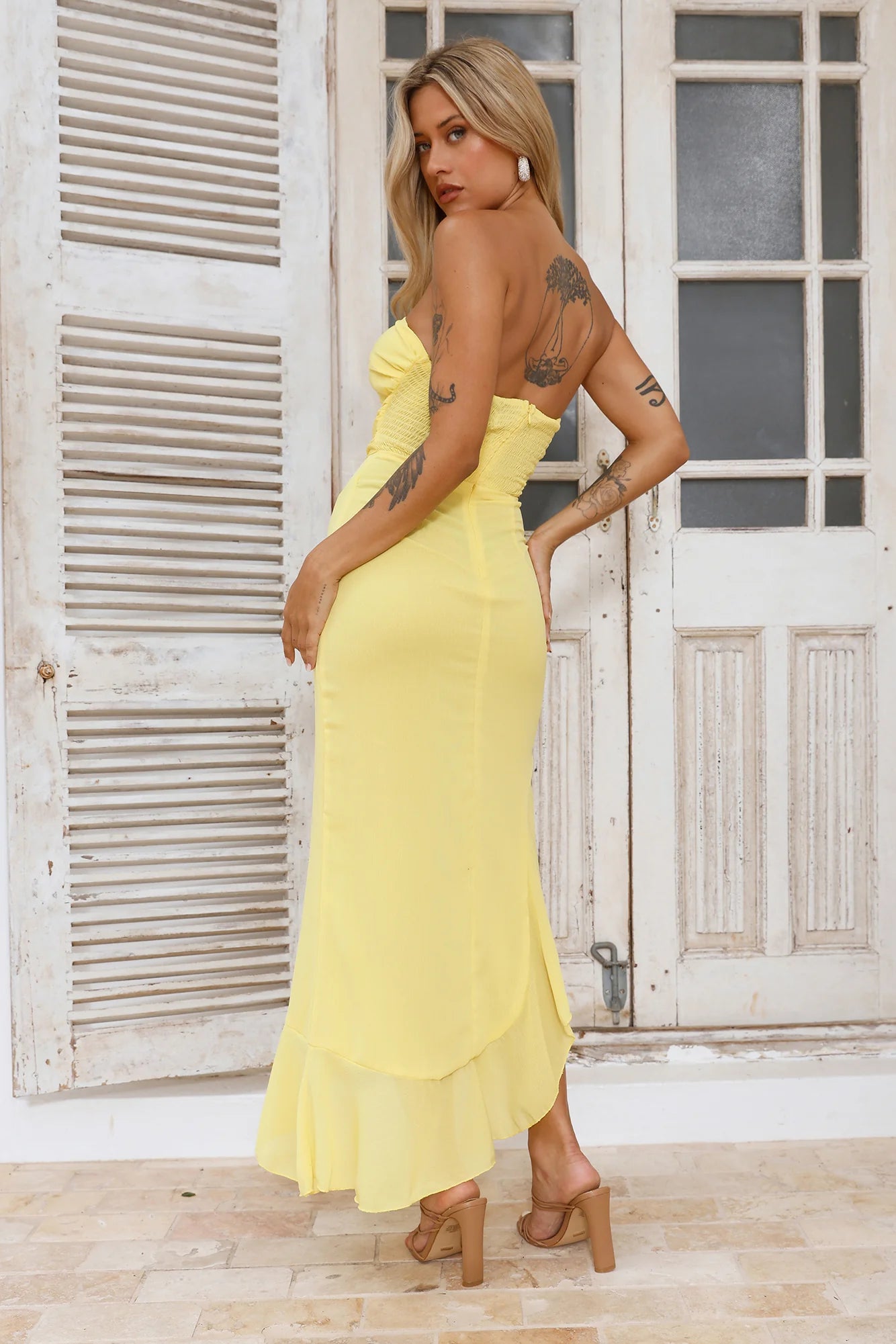 Supermodel Moment Strapless Midi Dress Yellow
