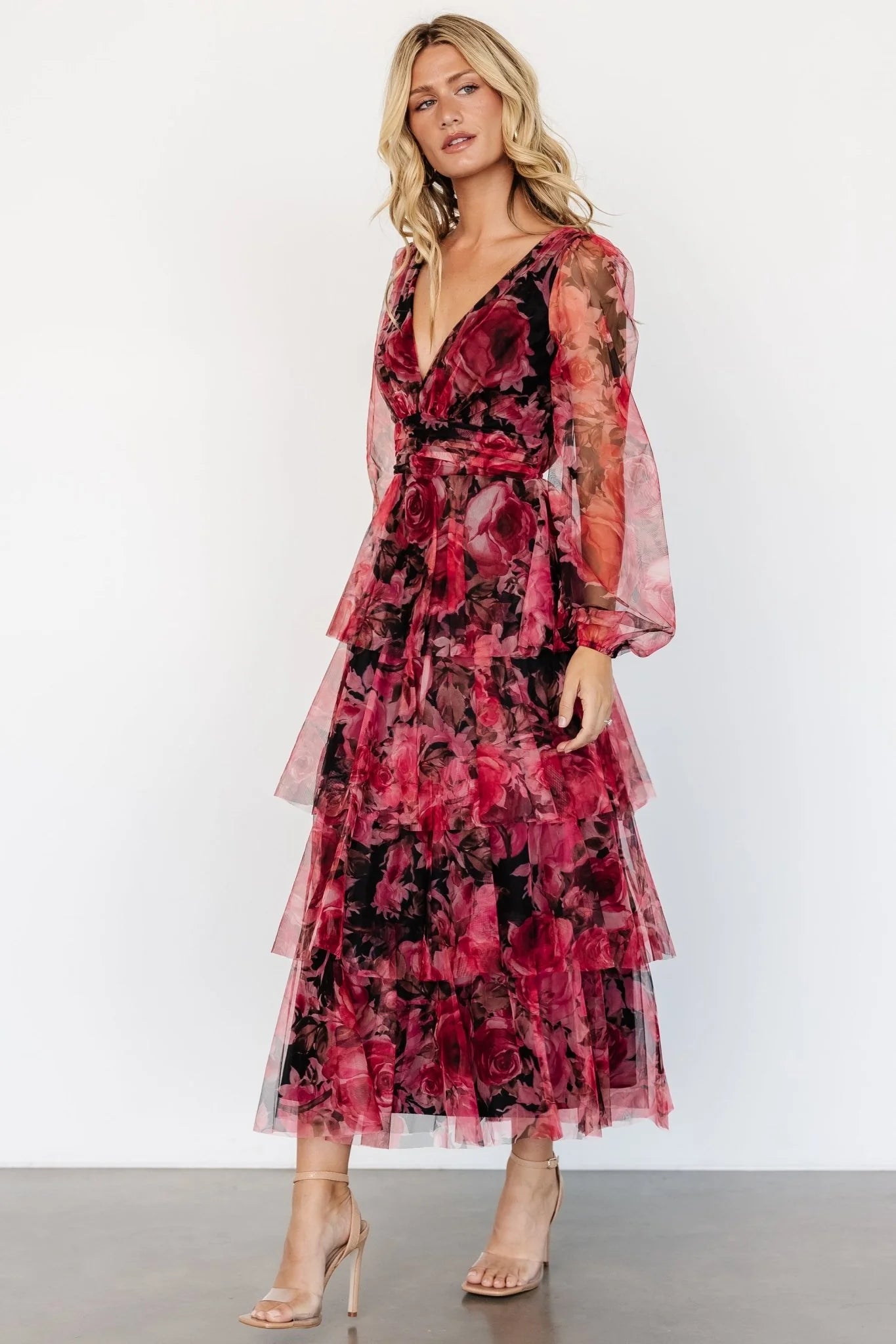Carolina Tulle Tiered Maxi Dress | Red + Black Floral