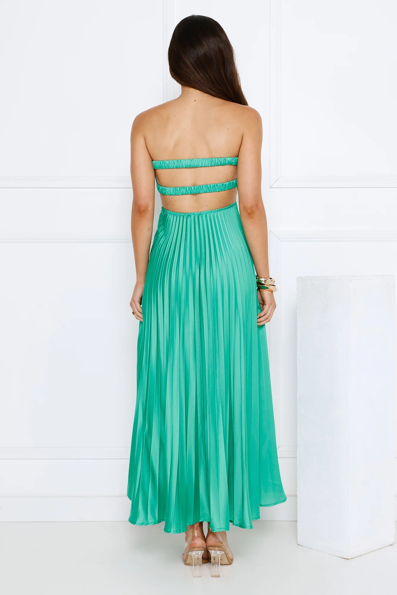 Clouds Of Love Strapless Pleated Maxi Dress Green