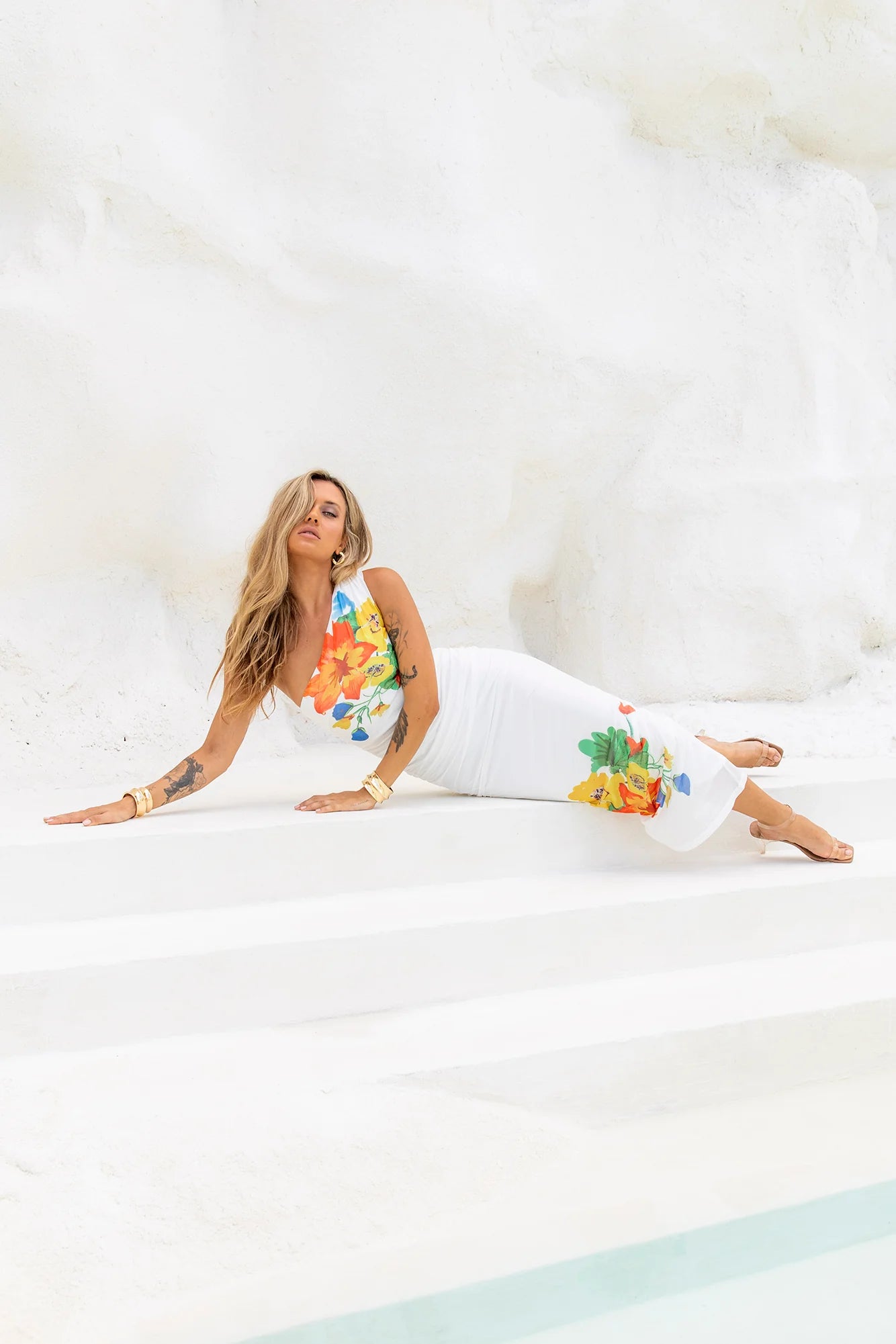 Bloomin' One Shoulder Mesh Maxi Dress White
