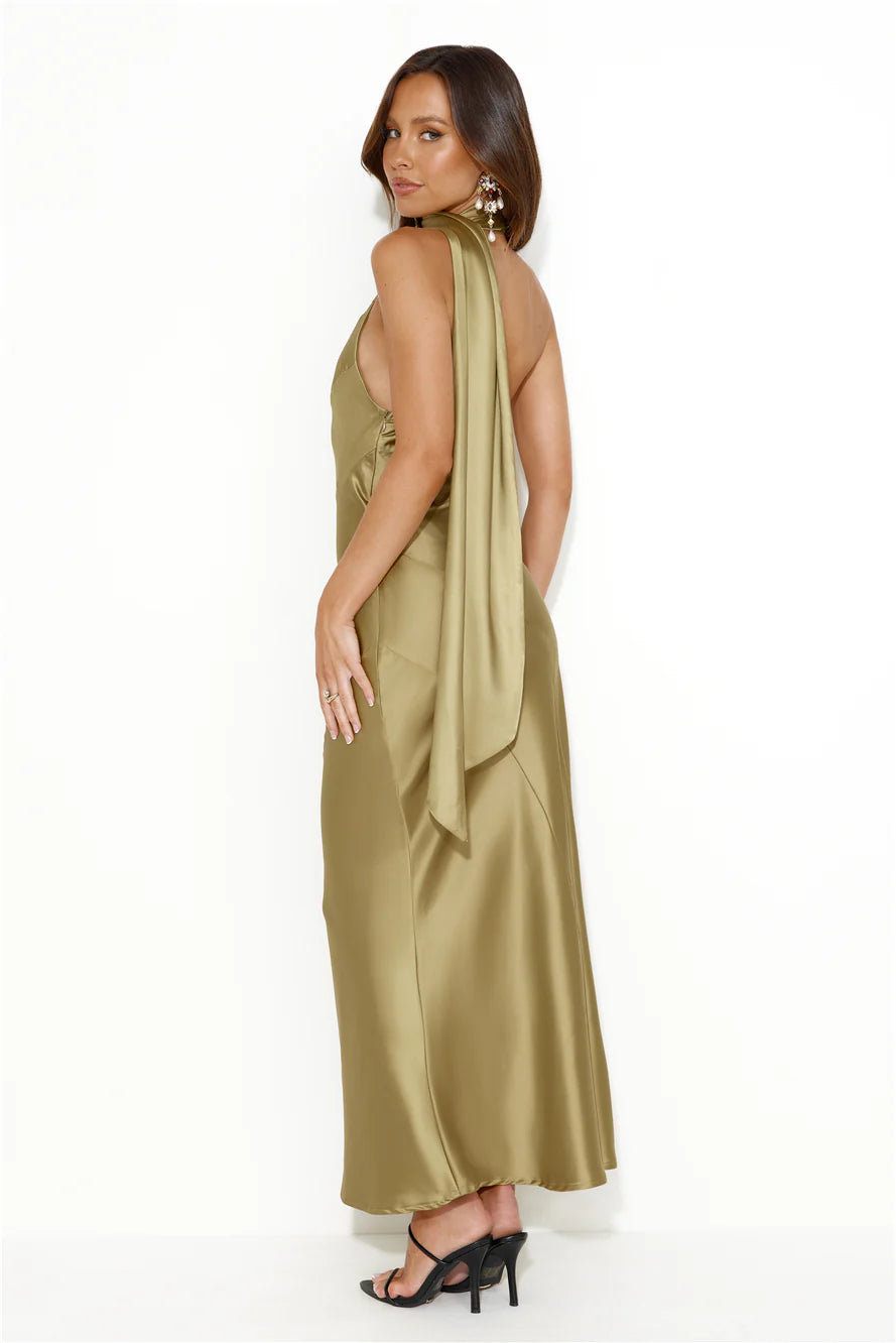 Glistening Star Satin Maxi Dress Olive