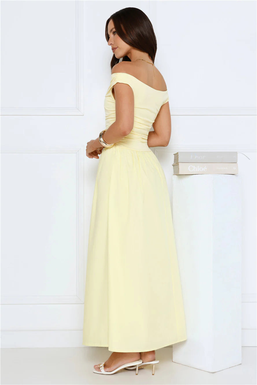 Camellia Charm Off Shoulder Maxi Dress Yellow