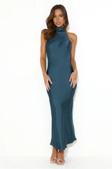 Crystal Glass Satin Maxi Dress Teal