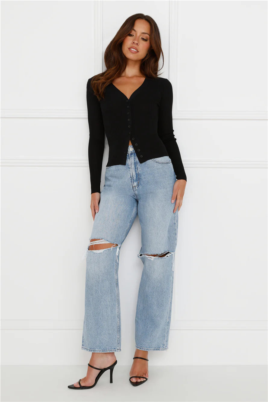 Buttoned Up Ribbed Long Sleeve Top Black