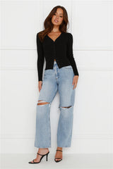Buttoned Up Ribbed Long Sleeve Top Black
