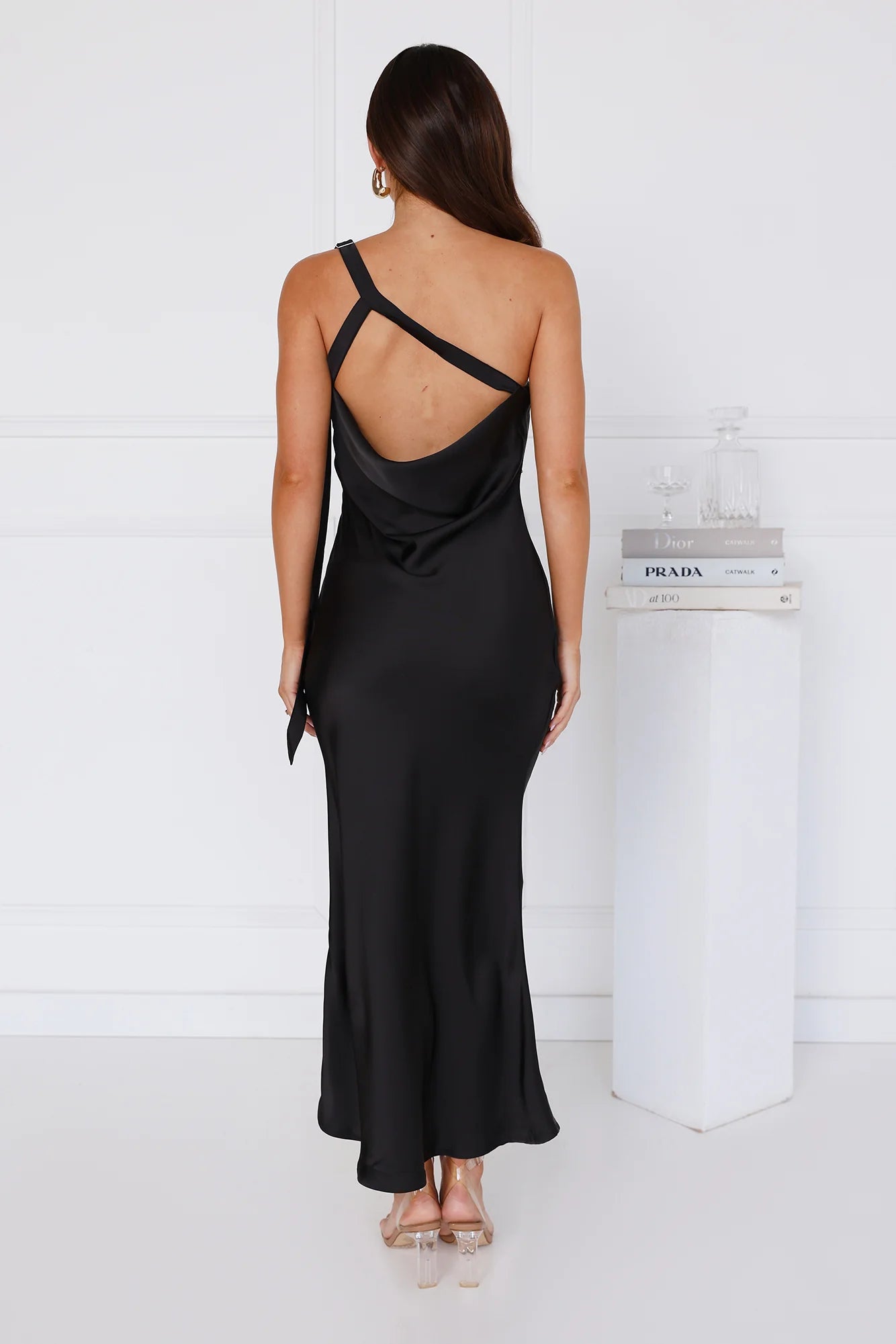 Black Tie Ballroom One Shoulder Satin Maxi Dress Black