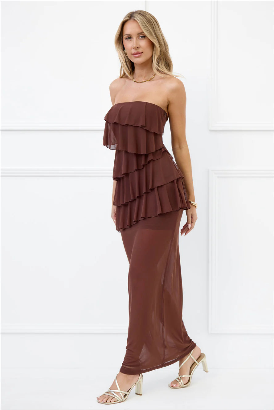 Wisp of Wonder Mesh Strapless Maxi Dress Brown