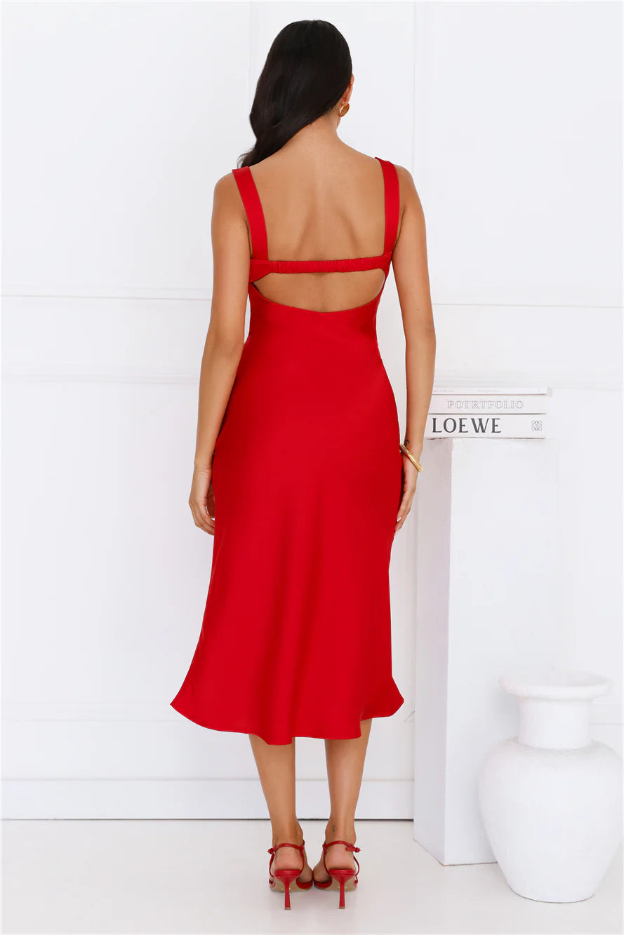 Flirtation Station Satin Midi Dress Red