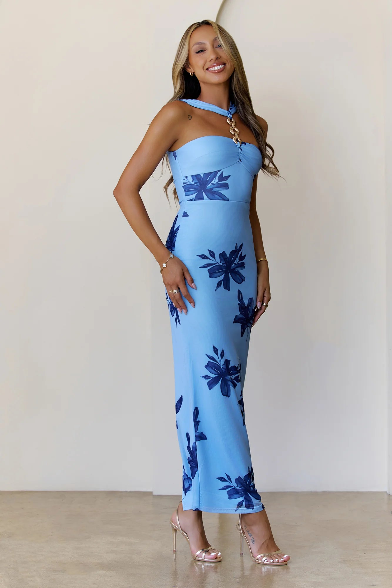 Gilded Mirage Mesh Maxi Dress Blue
