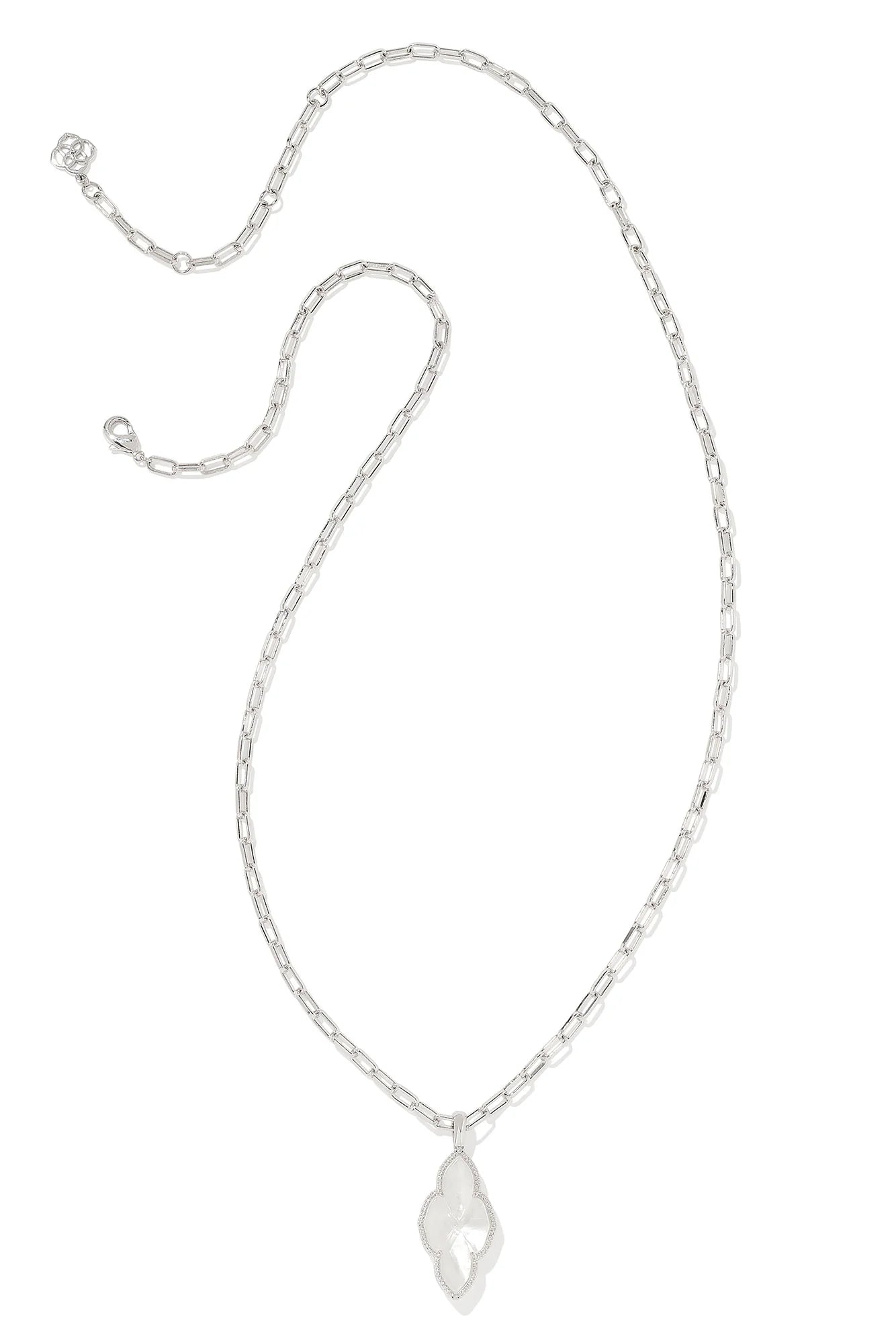 Abbie Silver Pave Frame Large Long Pendant Necklace Ivory Mother Of Pearl