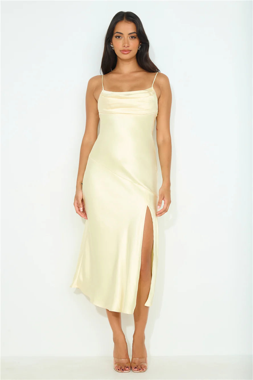 Blossom Joy Satin Midi Dress Yellow