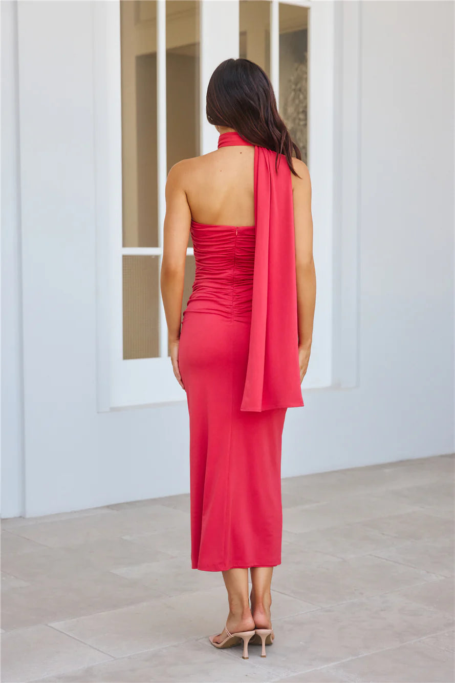 Grand Elegance Halter Midi Dress Coral