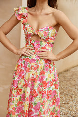 Vibrant Rendezvous One Shoulder Midi Dress Pink