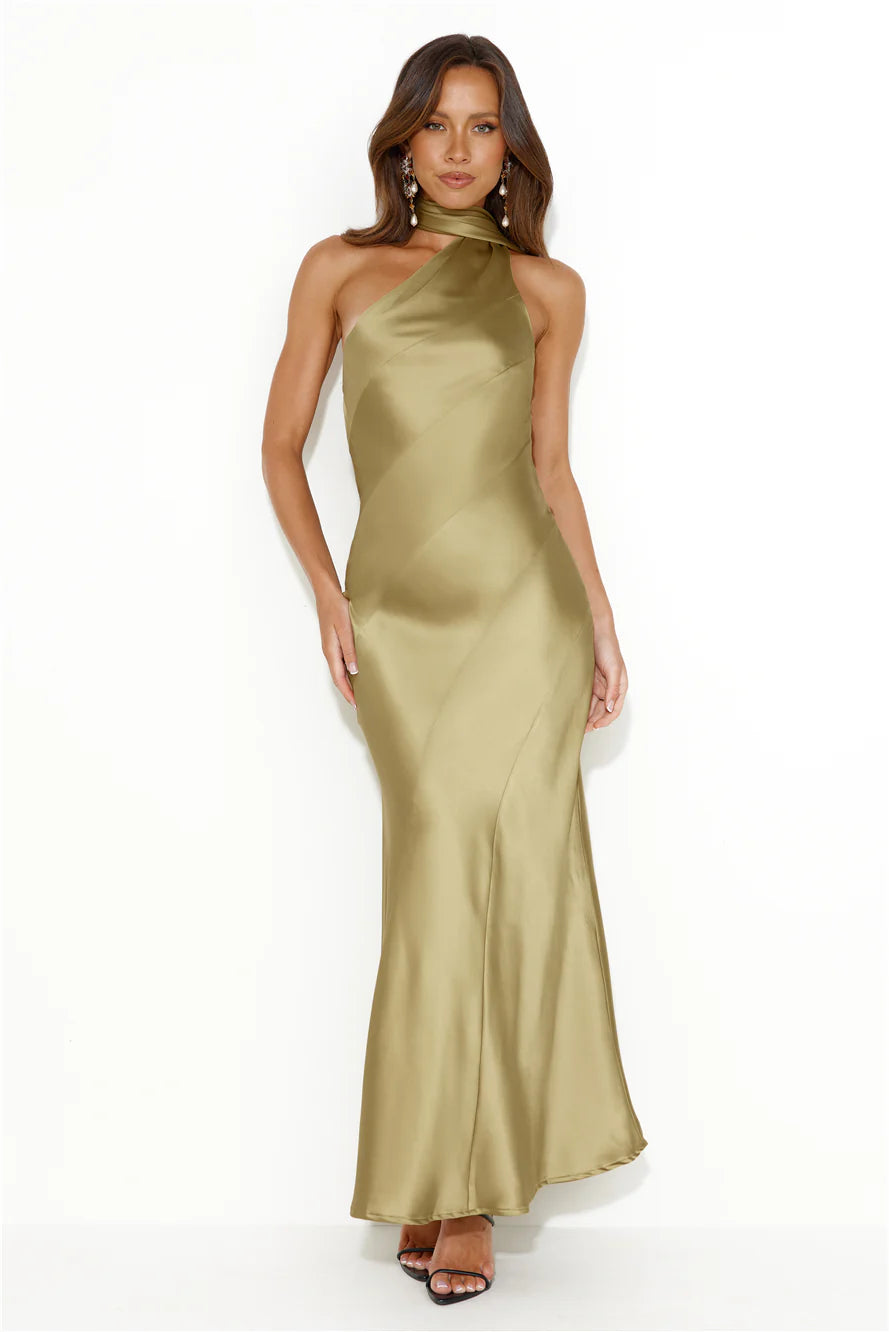 Glistening Star Satin Maxi Dress Olive