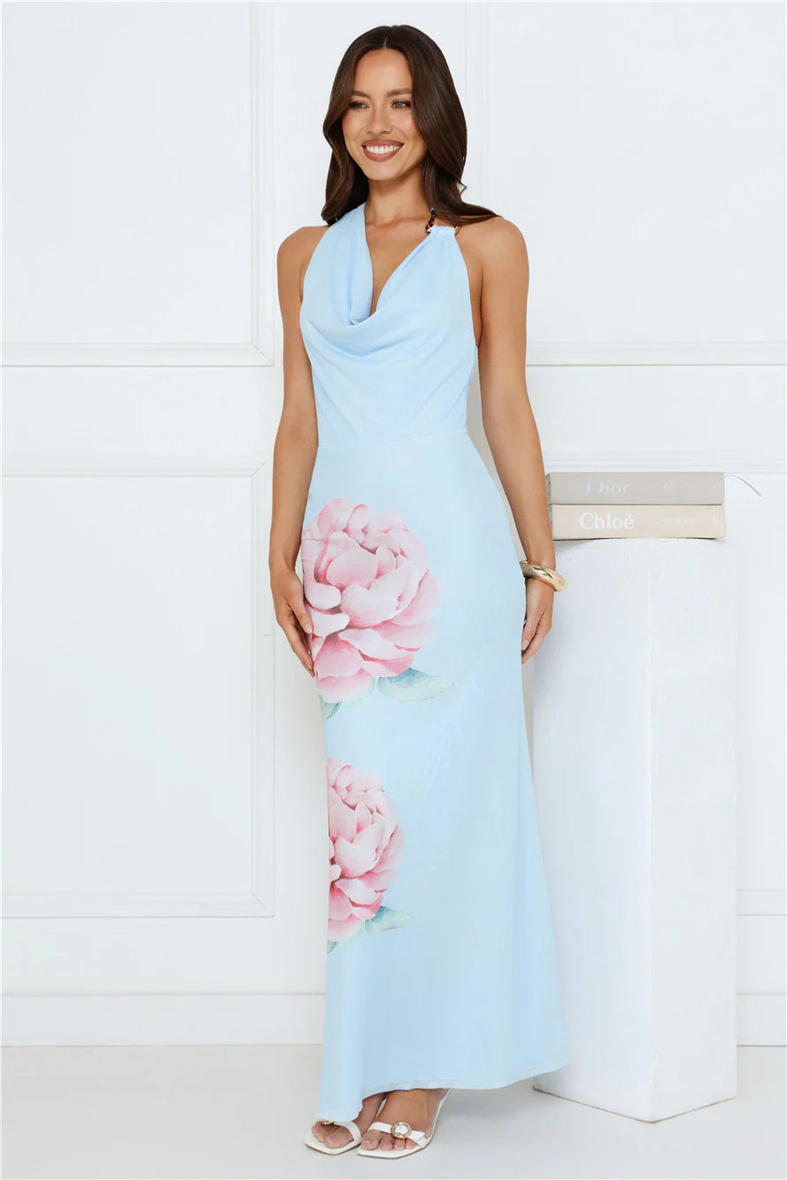Daydream District Mesh Halter Maxi Dress Blue