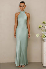 The Cleo Halter Satin Maxi Dress Sage