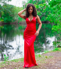 Jamie Lace-Up Satin Formal Column Dress