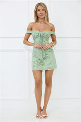 Fierce Dreams Off Shoulder Mesh Mini Dress Sage