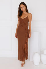 Flaunt It Girl Frill Mesh Maxi Dress Chocolate