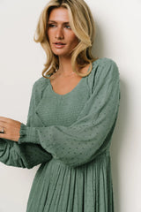 Bayley Smocked Dotted Maxi Dress | Dark Eucalyptus