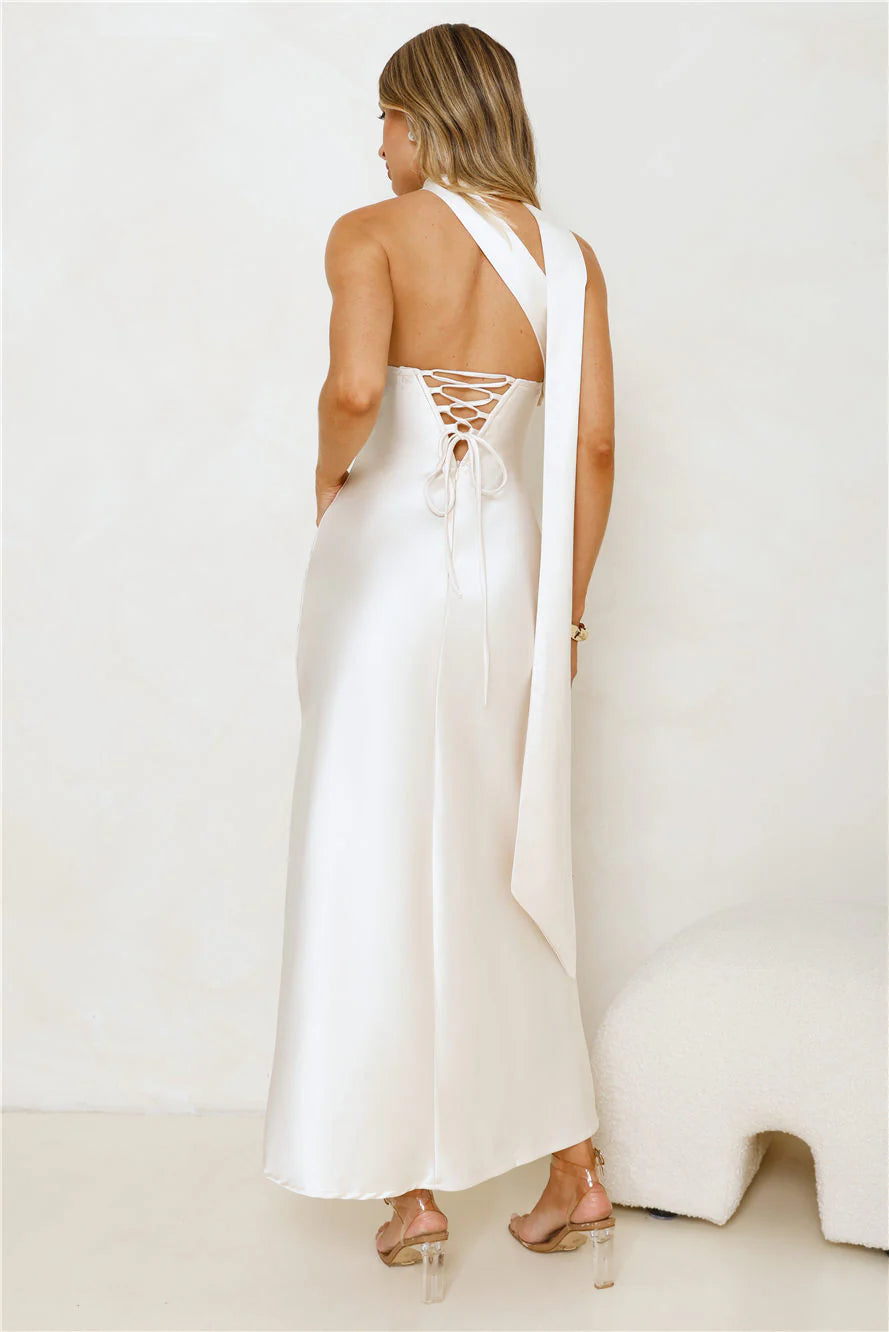 Be Noticed Strapless Satin Maxi Dress Champagne