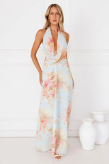 Dreamy Petals Halter Maxi Dress Blue