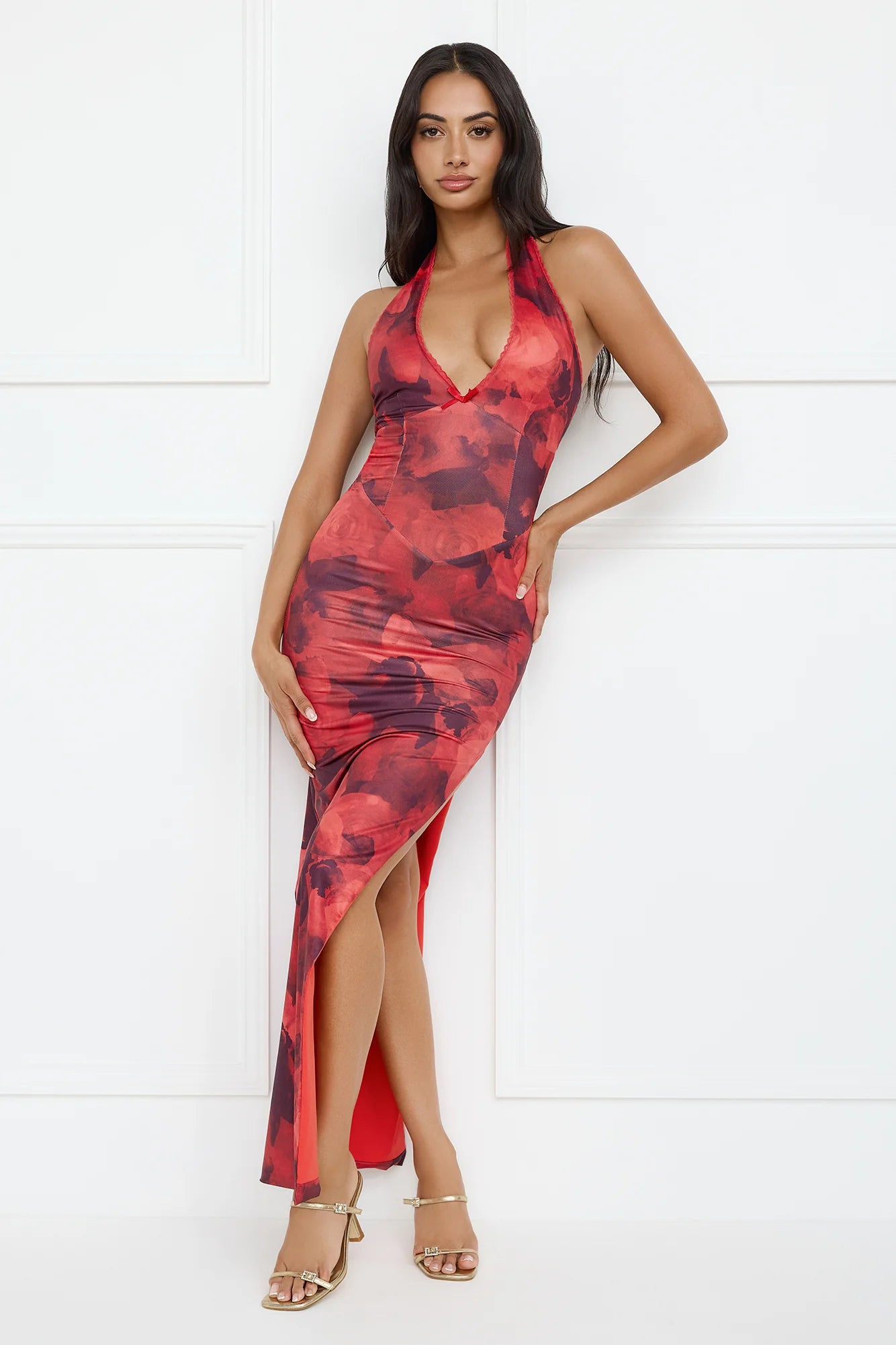 Watermelon Splash Halter Mesh Maxi Dress Red