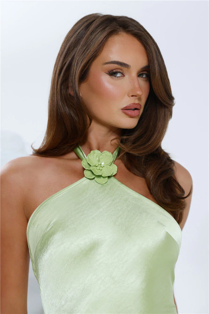 Clover Fields Satin Halter Maxi Dress Lime