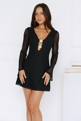 Champagne Aura Mesh Long Sleeve Mini Dress Black